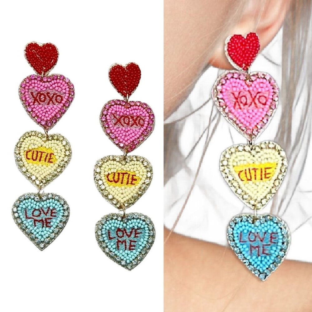 Valentine's Day Be Mine Rhinestone Seed Beaded Candy Hearts Dangle Earrings NEW